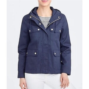 J. Crew Resin-Coated Twill Field Jacket with Hood XS Navy Blue Pockets Full Zip